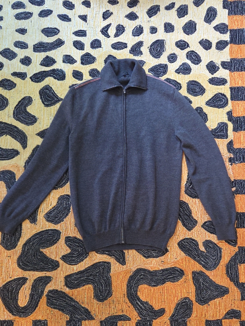 Gucci Men's Charcoal Zip-Up Knit Sweater with Shoulder Stripe